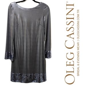 Oleg Cassini Silver Sequin Drop Back Evening Gown Size 4